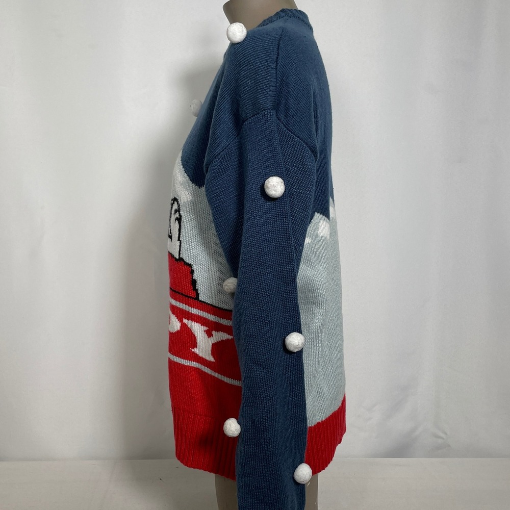 Peanuts Snoopy Navy Blue Pom Pom Christmas Knit Holiday Sweater Women's SMALL - Picture 5 of 10
